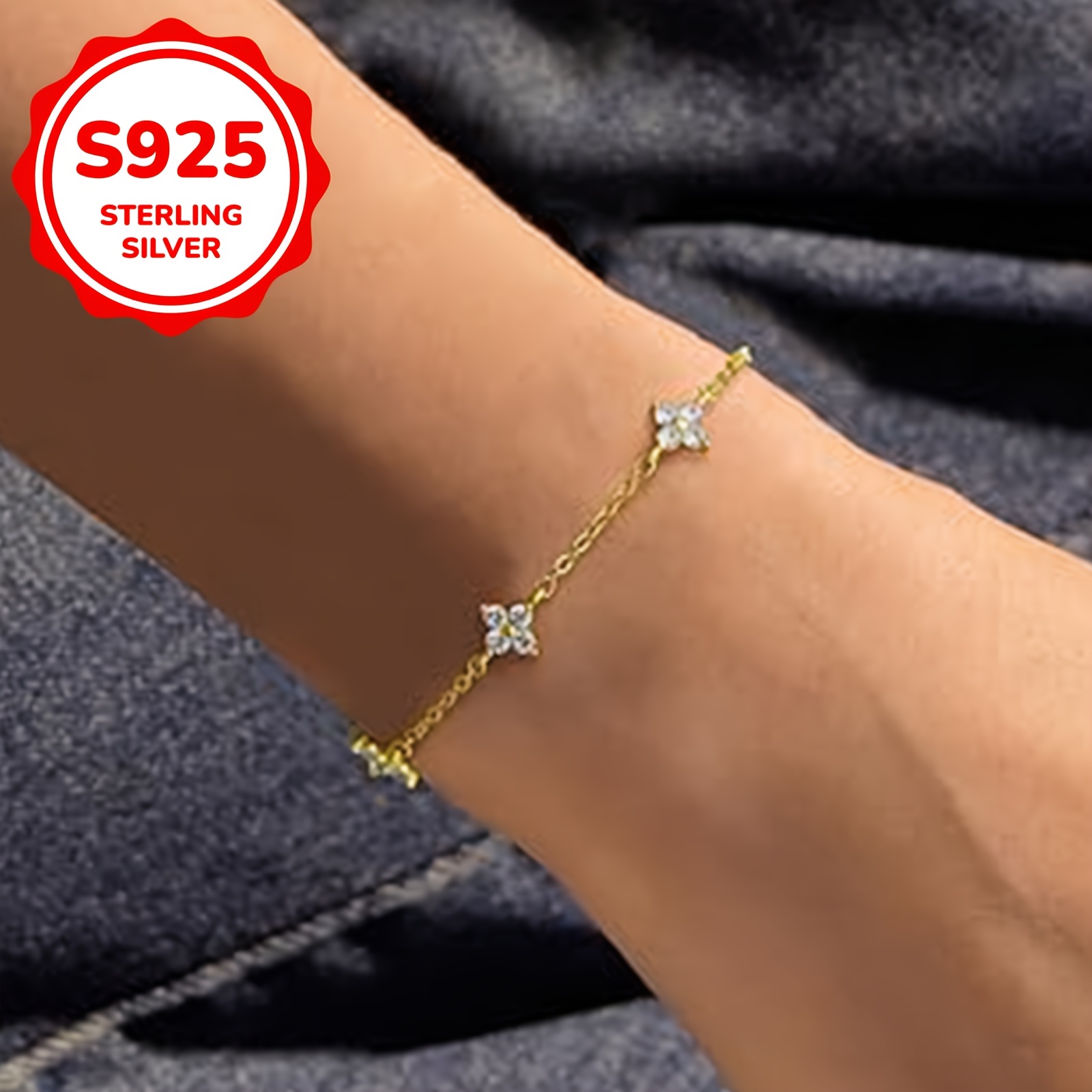 S925 Silver Sparkling Four Leaf Clover Bracelet